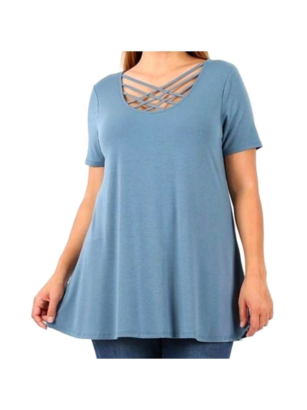 ZENANA Cement Blue Criss-Cross Neckline Short Sleeve Size 3XL NWT